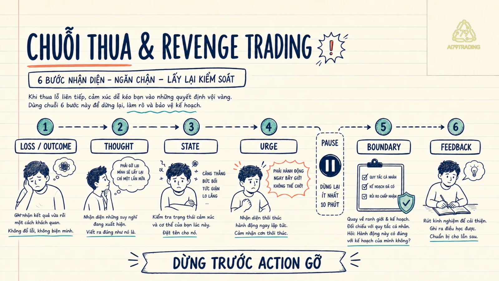 Timeline case revenge trading từ outcome lỗ đến thought, urge, boundary và feedback
