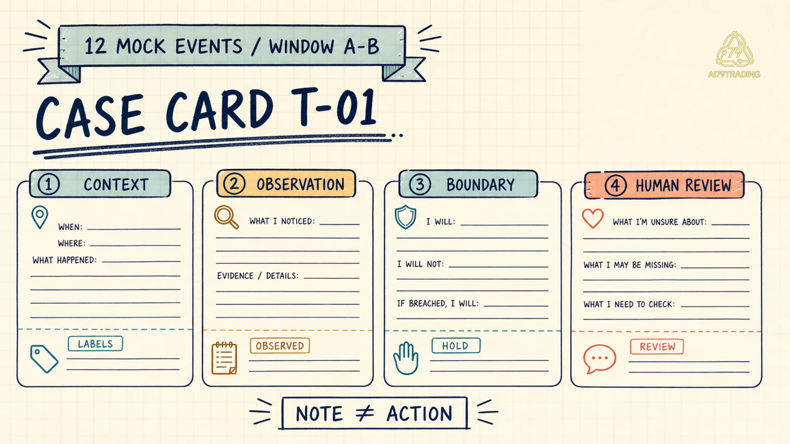 Case Card T-01 có Context Observation Boundary Human Review đọc 12 event mock Window A B