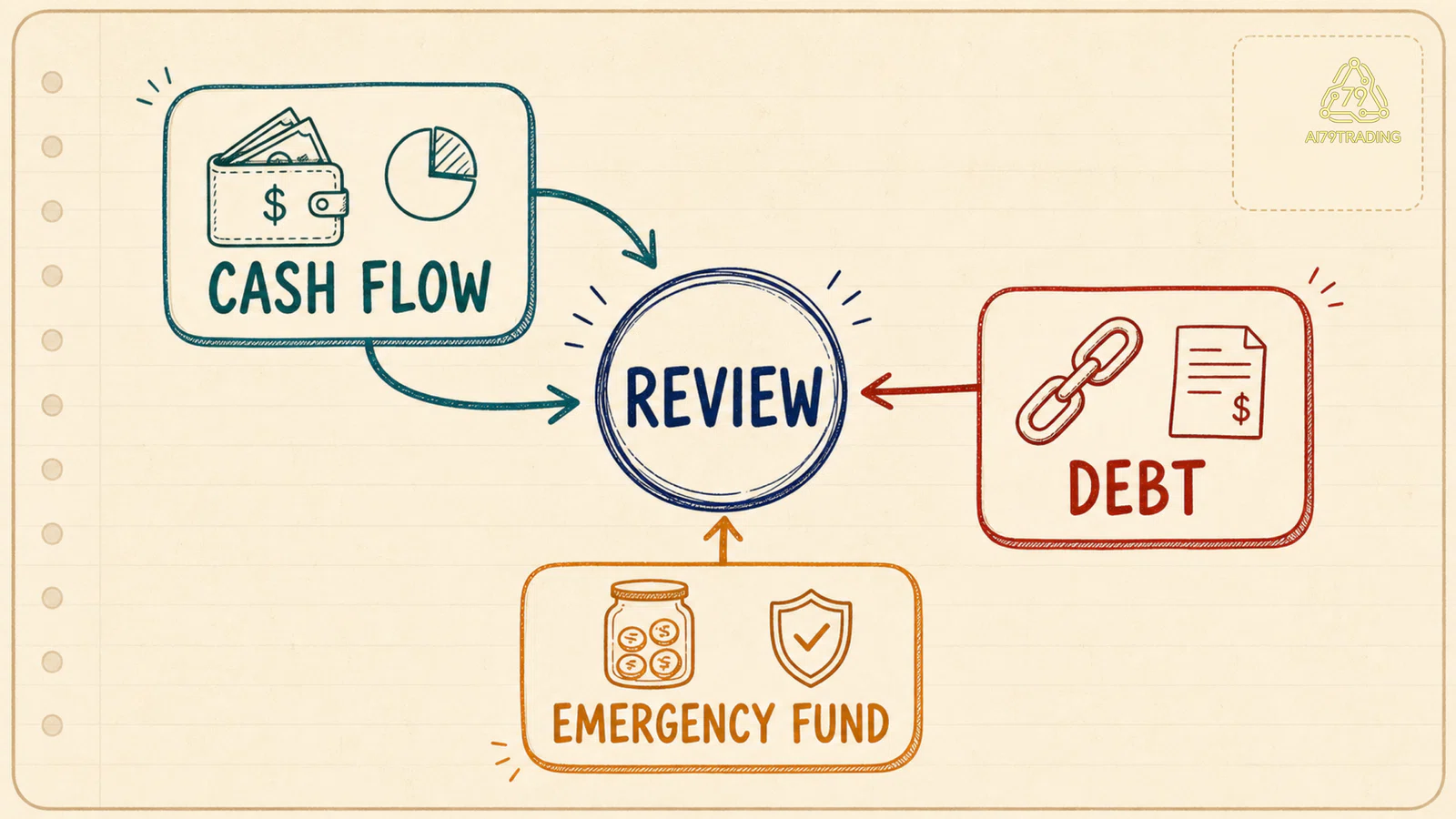 Vòng review nối cash flow, debt và emergency fund tại một ngày kiểm tra minh họa