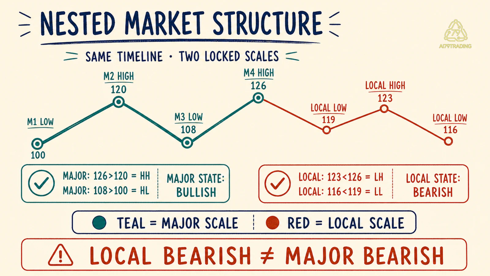 Cấu trúc lồng nhau với major bullish và local bearish trên cùng chuỗi giả lập