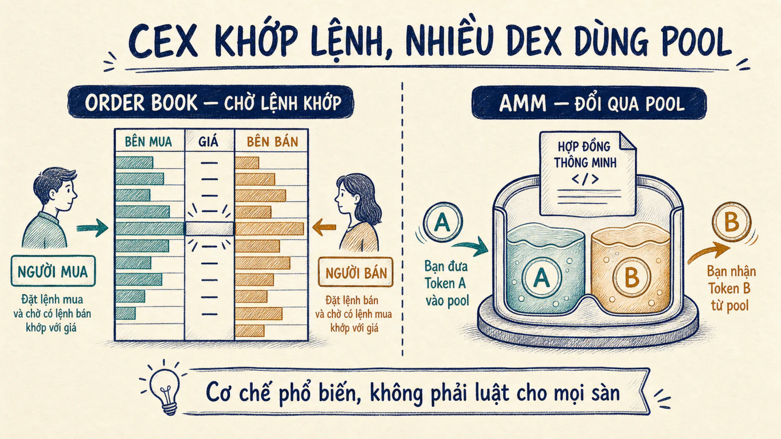 Sổ lệnh CEX ghép người mua người bán và AMM DEX đổi token qua liquidity pool