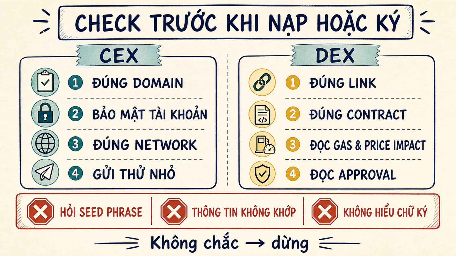 Checklist kiểm tra domain, network, contract, chi phí và điểm dừng cho CEX và DEX