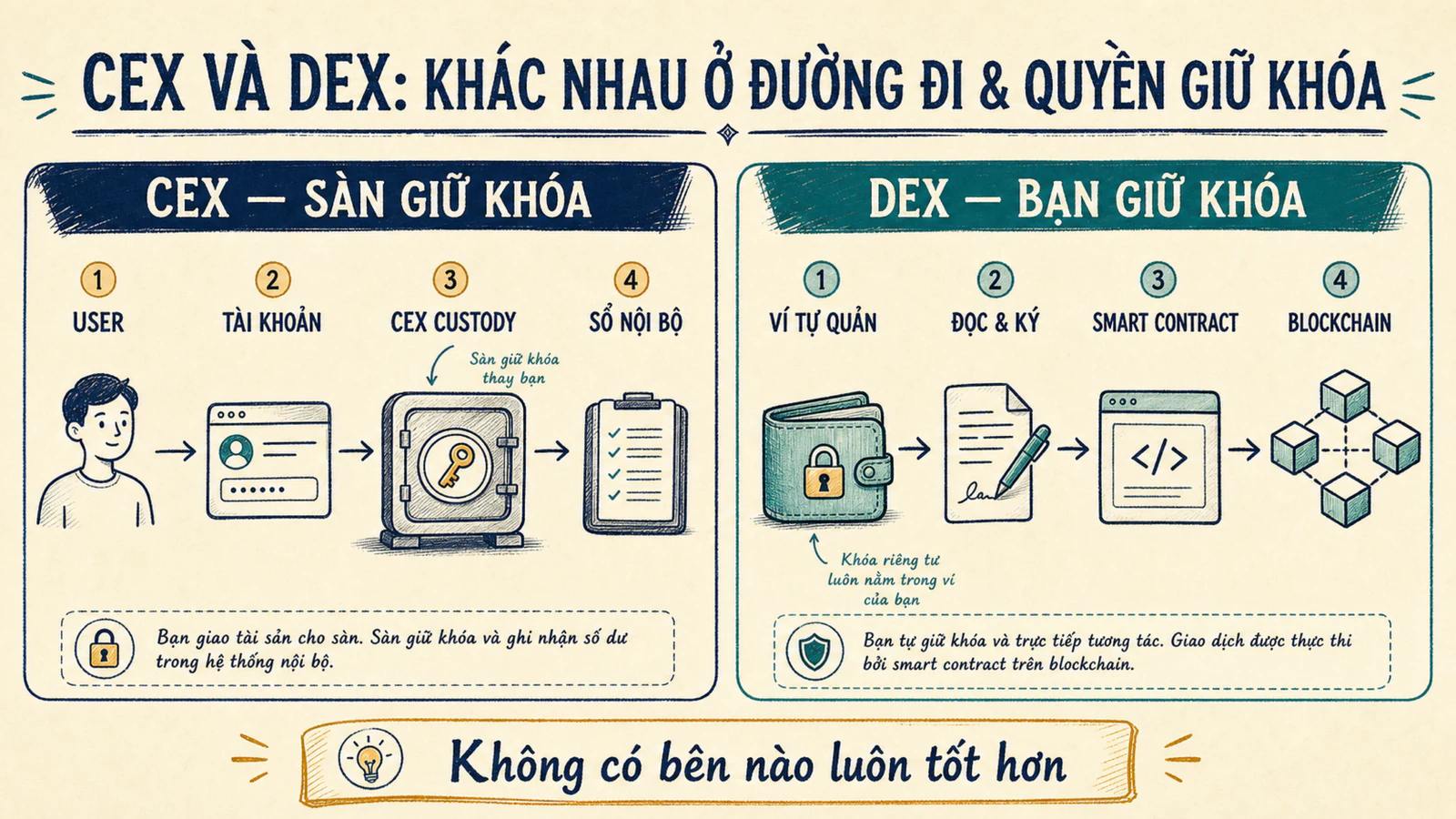 Sơ đồ so sánh đường đi tài sản qua tài khoản CEX và ví tự quản trên DEX