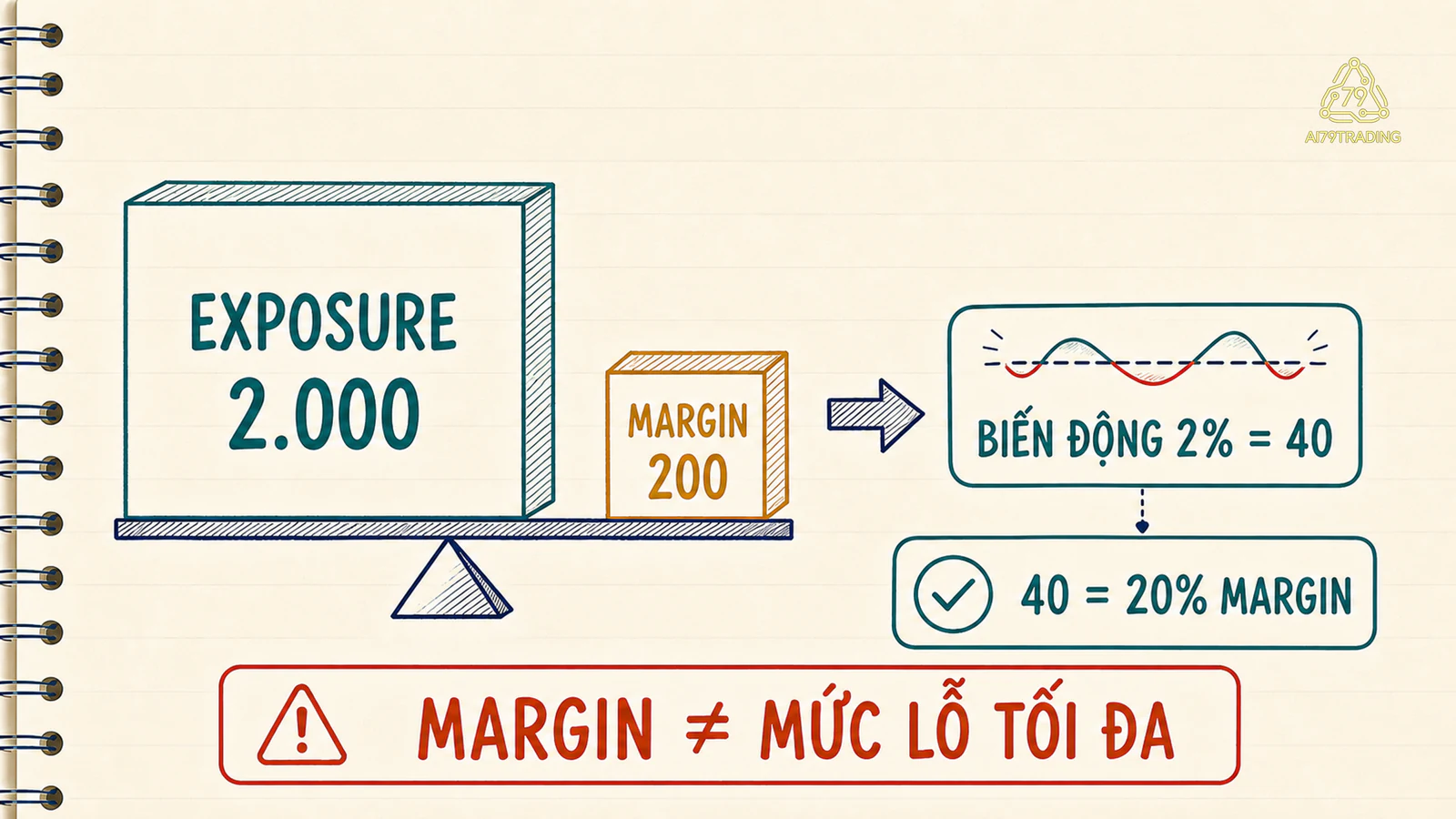 Ba khối exposure 2.000, margin 200 và biến động 2 phần trăm bằng 40, kèm cảnh báo margin không phải mức lỗ tối đa