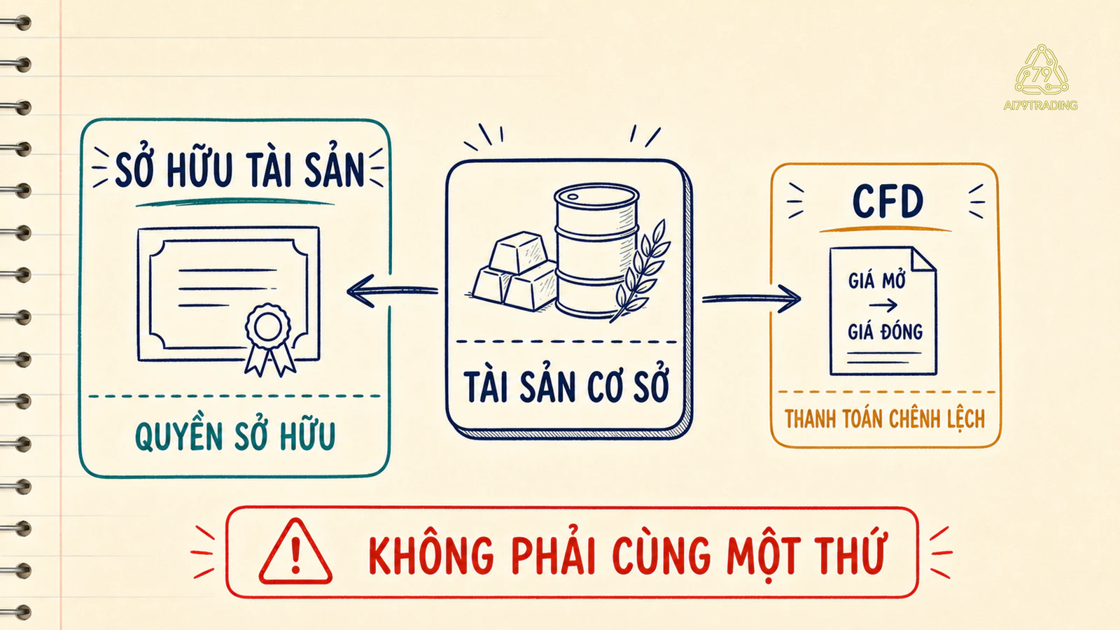 Sơ đồ hai cột với tài sản cơ sở ở giữa, một bên là quyền sở hữu và một bên là hợp đồng thanh toán chênh lệch