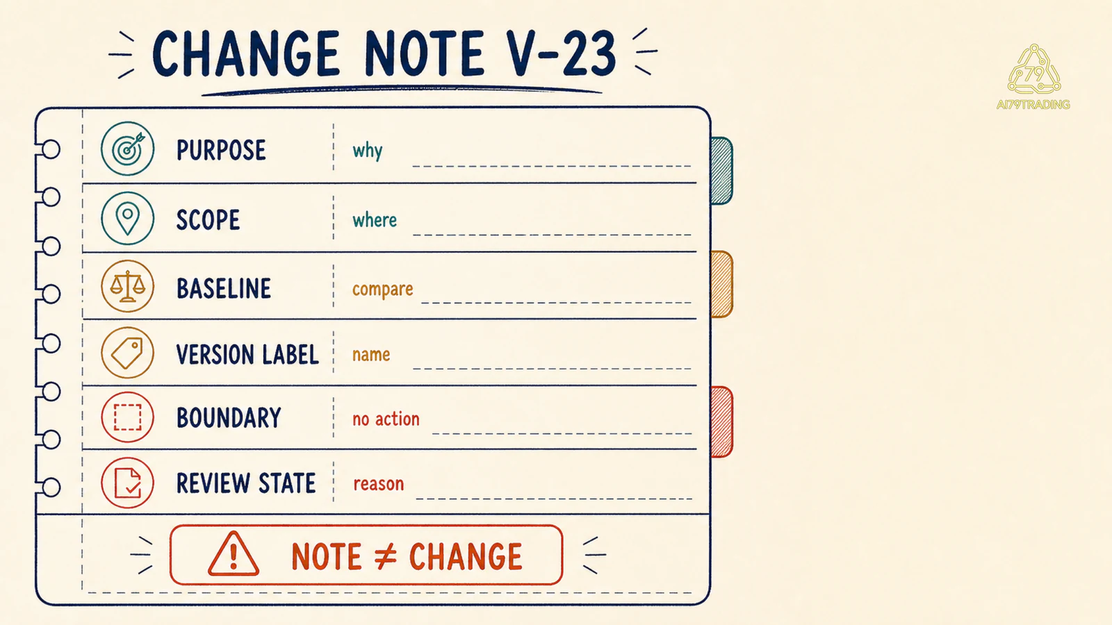 Change Note V-23 có purpose, scope, baseline, version label, boundary và review state