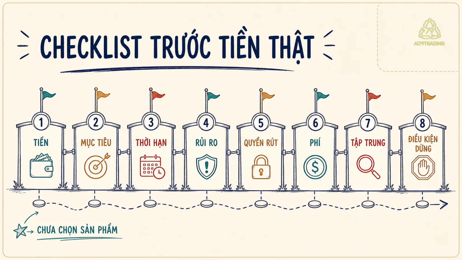 Tám cổng kiểm tra tiền, mục tiêu, thời hạn, rủi ro, quyền, phí, tập trung và điều kiện dừng trước khi đầu tư