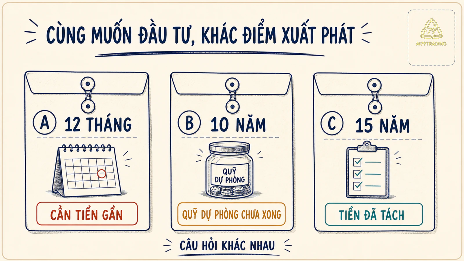 Ba phong bì có thời hạn 12 tháng, 10 năm và 15 năm cùng các dữ kiện tài chính khác nhau