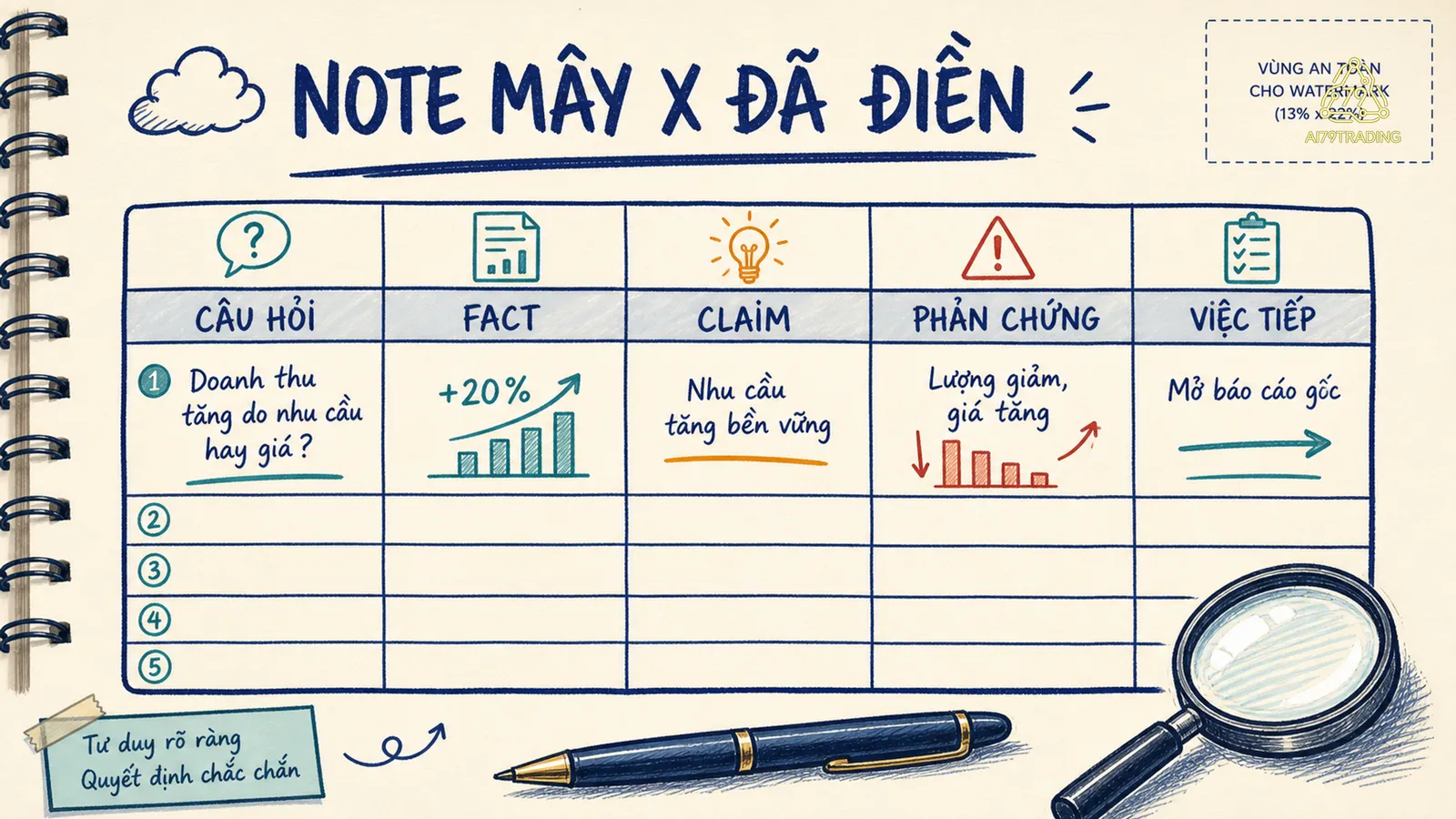 Note Mây X đã điền gồm câu hỏi, fact, claim, phản chứng và việc tiếp