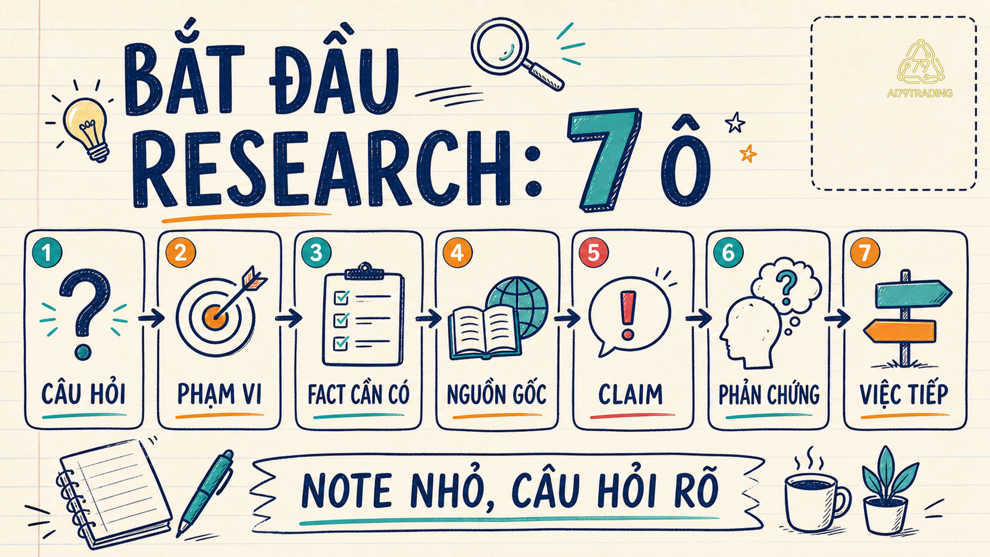 Bảy ô note Research gồm câu hỏi, phạm vi, fact, nguồn, claim, phản chứng và việc tiếp