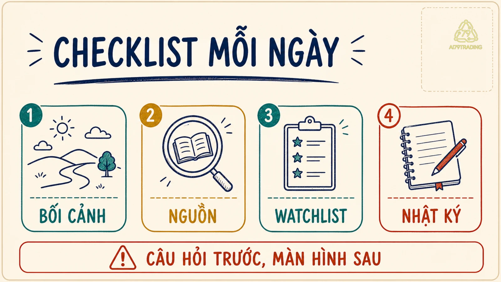 Bốn ô checklist gồm bối cảnh, nguồn, watchlist và nhật ký