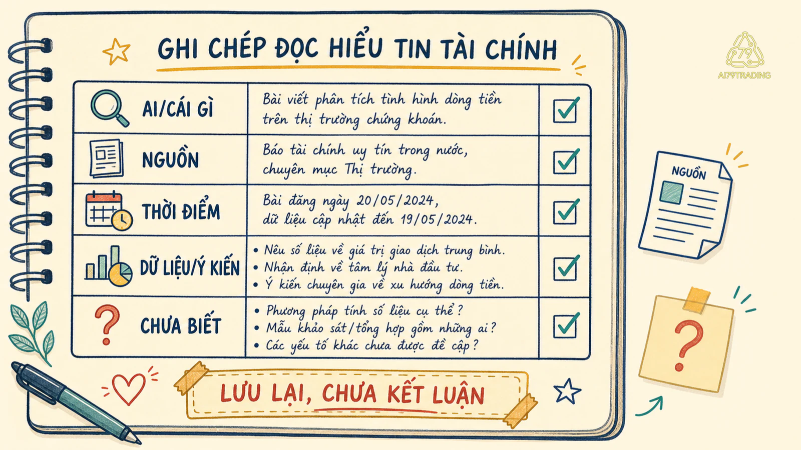 Phiếu mẫu đã điền năm mục để đọc một tin tài chính giả định