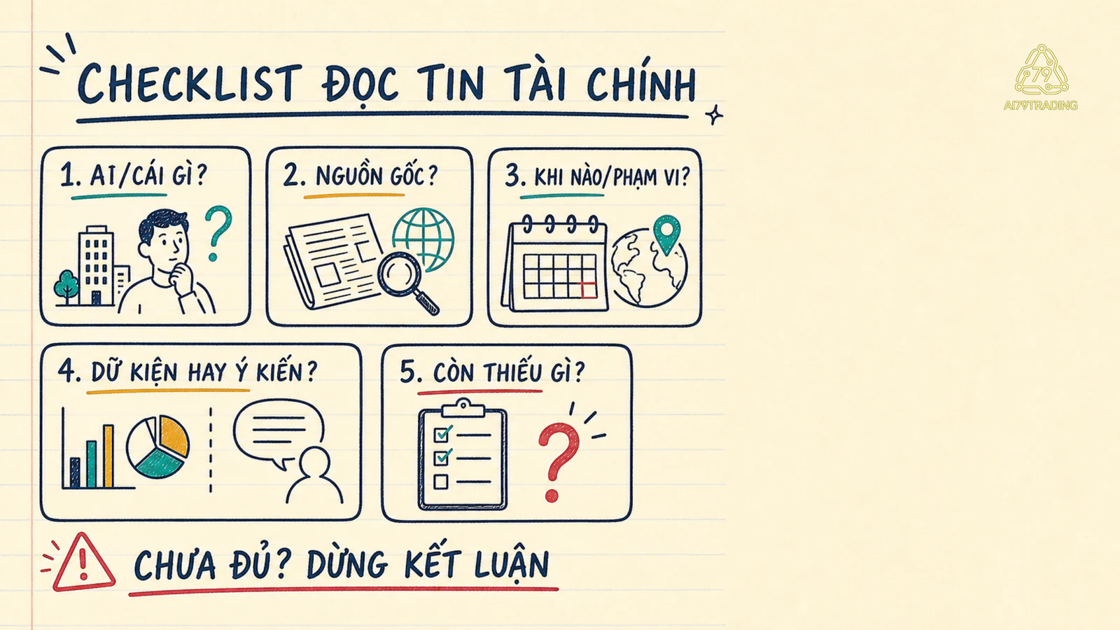Năm câu hỏi kiểm tra nguồn, thời điểm, dữ kiện, ý kiến và phần chưa biết của một tin tài chính