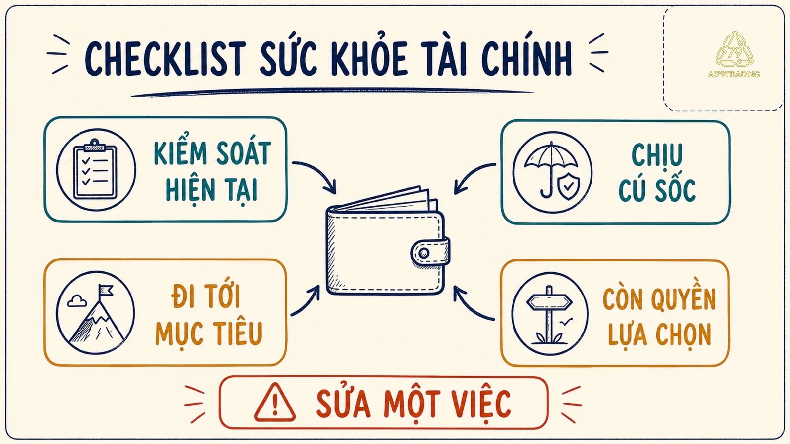 Sơ đồ bốn trụ sức khỏe tài chính quanh ví tiền và lời nhắc sửa một việc mỗi lần