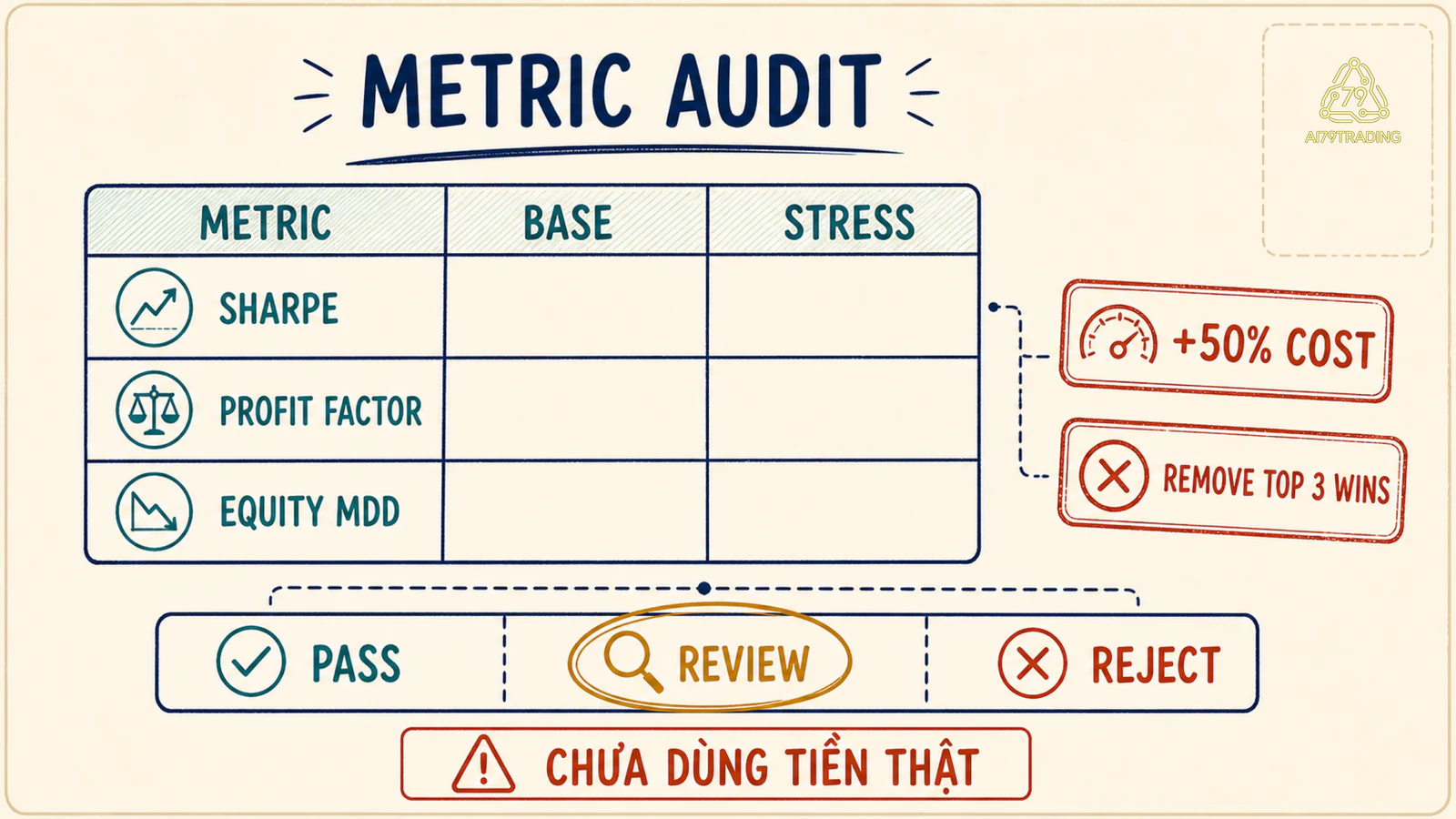 Metric Audit Card kiểm tra Sharpe Profit Factor Drawdown sau stress cost