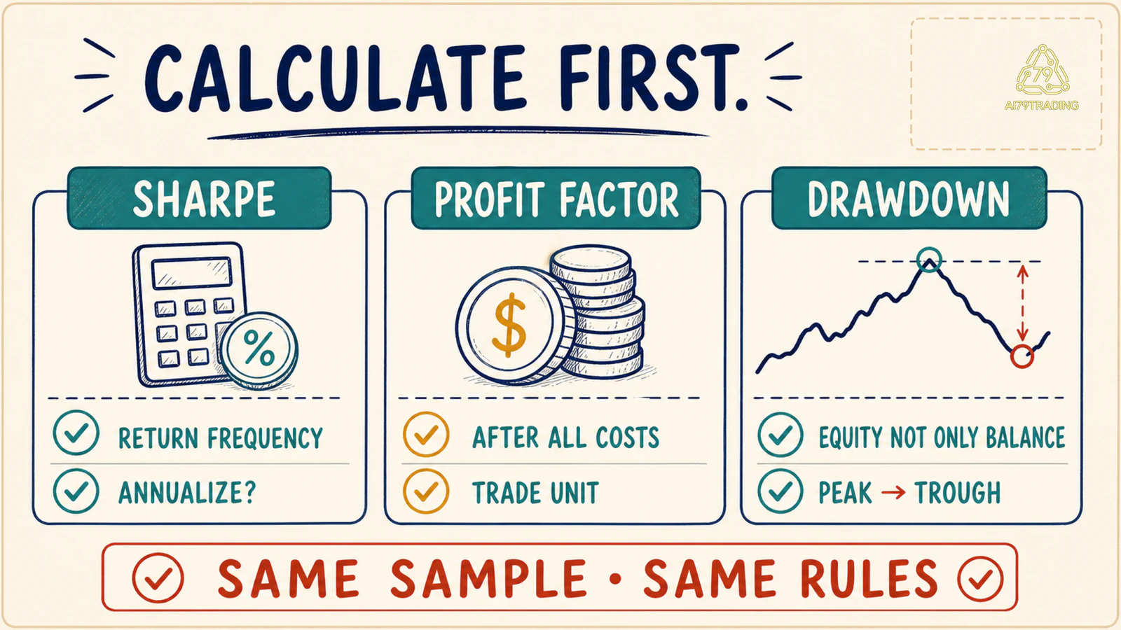 Công thức và dữ liệu đầu vào để tính đúng Sharpe Profit Factor và Drawdown