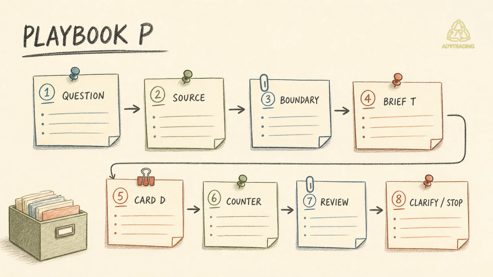 Playbook P nối câu hỏi source thesis disclosure counter-evidence review và trạng thái clarify stop