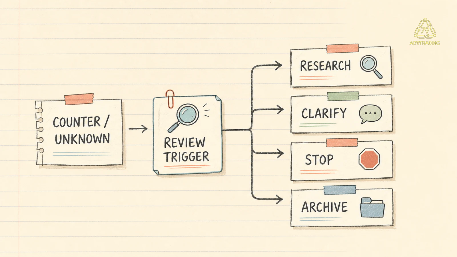 Vòng review tĩnh của counter và unknown dẫn tới research clarify stop hoặc archive