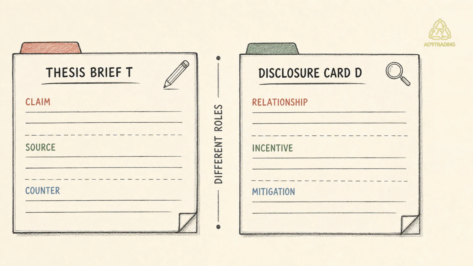 Thesis Brief T và Disclosure Card D đặt cạnh nhau với vai trò riêng trong Playbook P