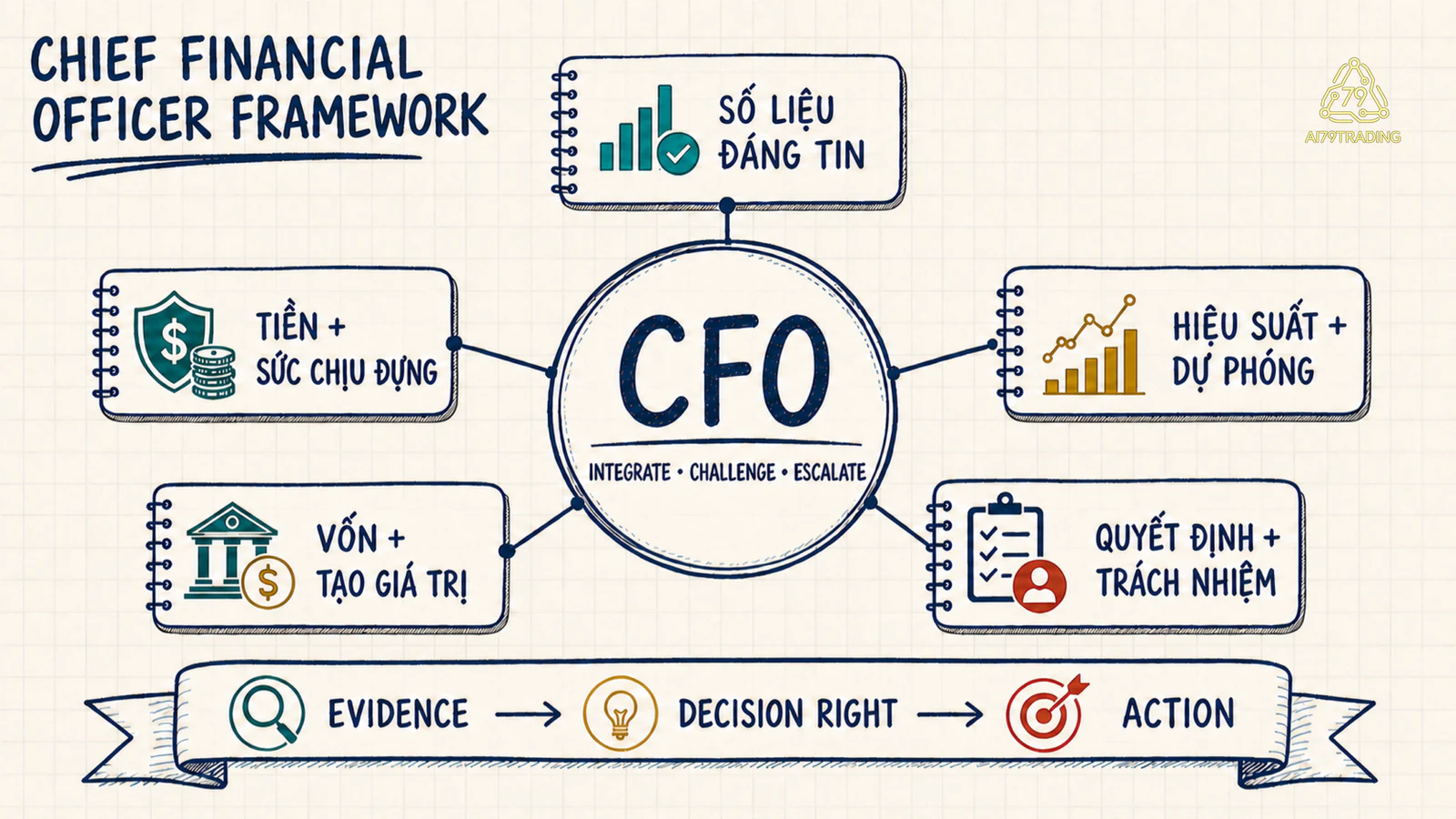 Bản đồ năm lăng kính số liệu, tiền, hiệu suất, vốn và trách nhiệm quanh CFO