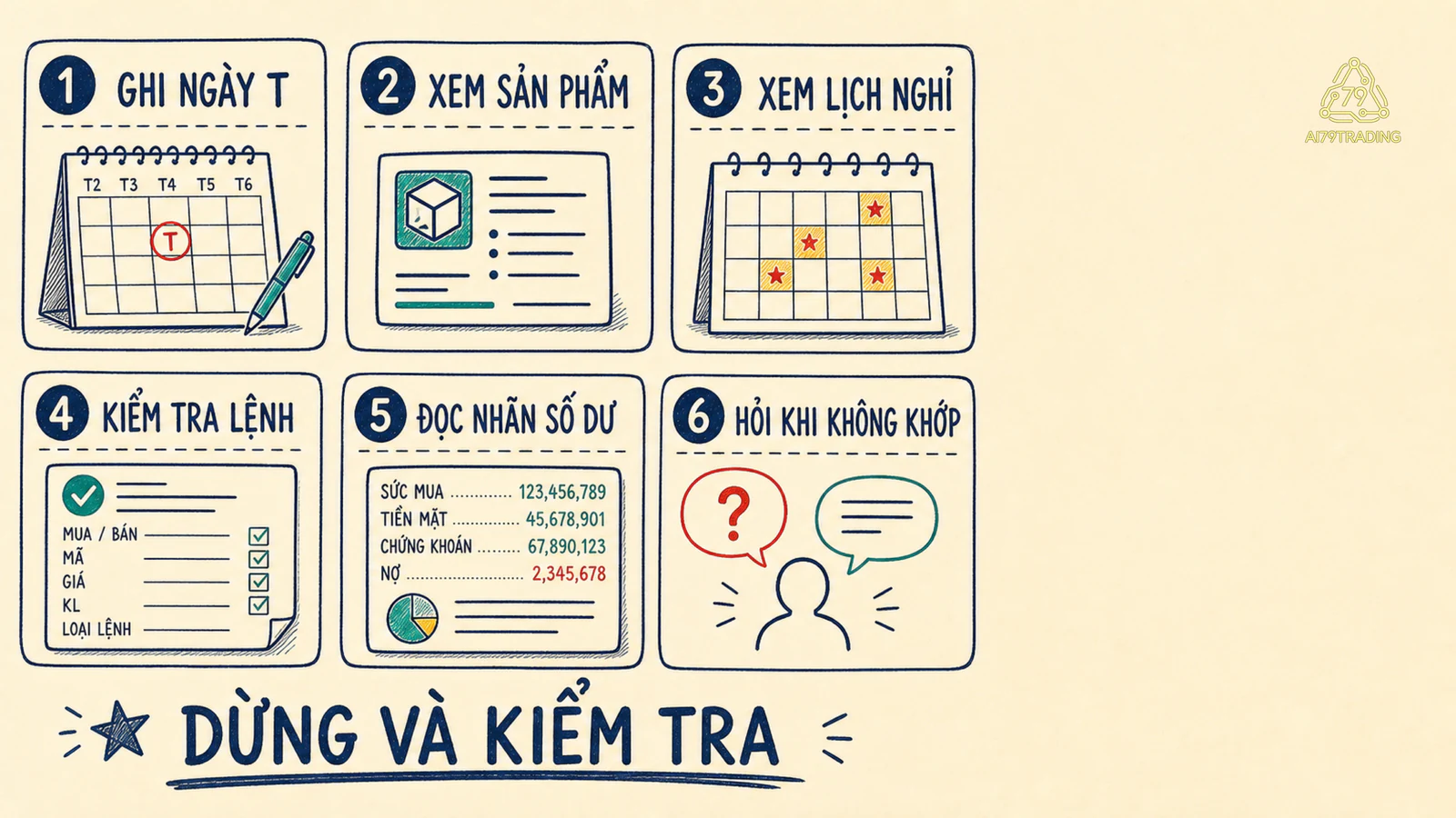 Checklist sáu bước kiểm tra ngày T, lịch nghỉ và số dư trước khi dùng tiền hoặc chứng khoán.