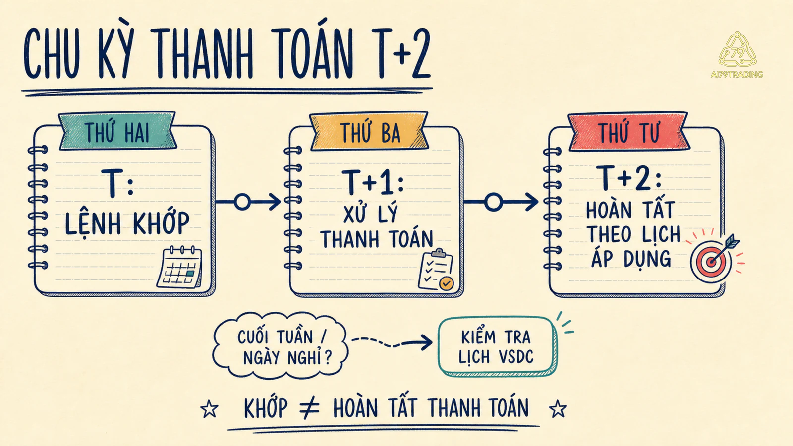 Timeline giả định từ ngày T đến T+2 và nhánh kiểm tra lịch nghỉ thanh toán.