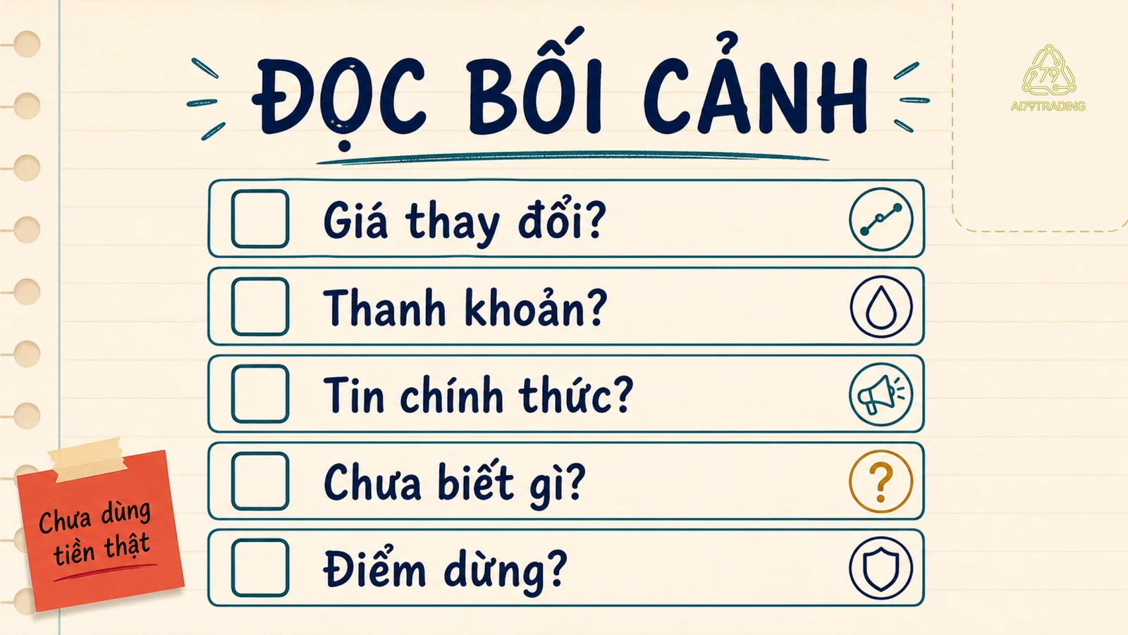 Checklist năm ô để quan sát giá, thanh khoản, nguồn tin và điểm dừng