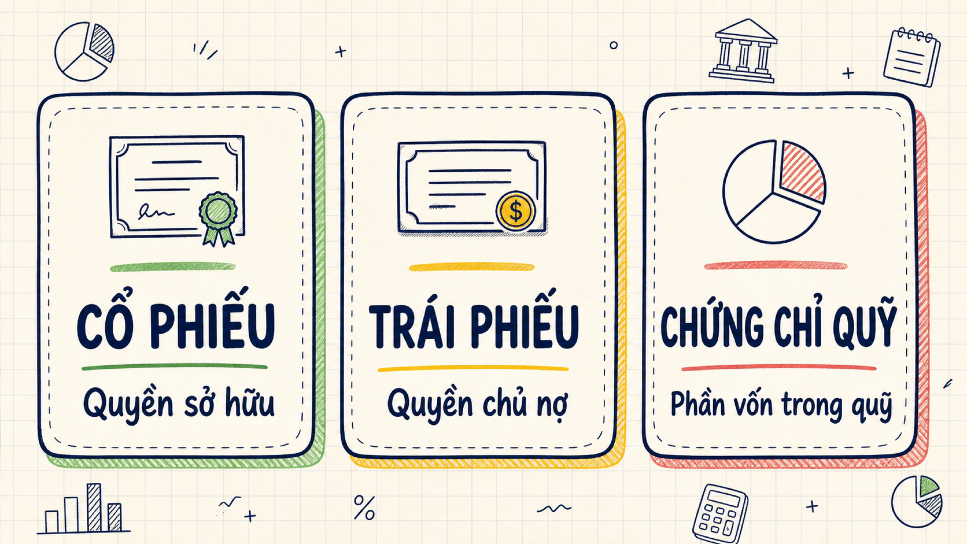 Ba thẻ so sánh quyền tài chính của cổ phiếu, trái phiếu và chứng chỉ quỹ