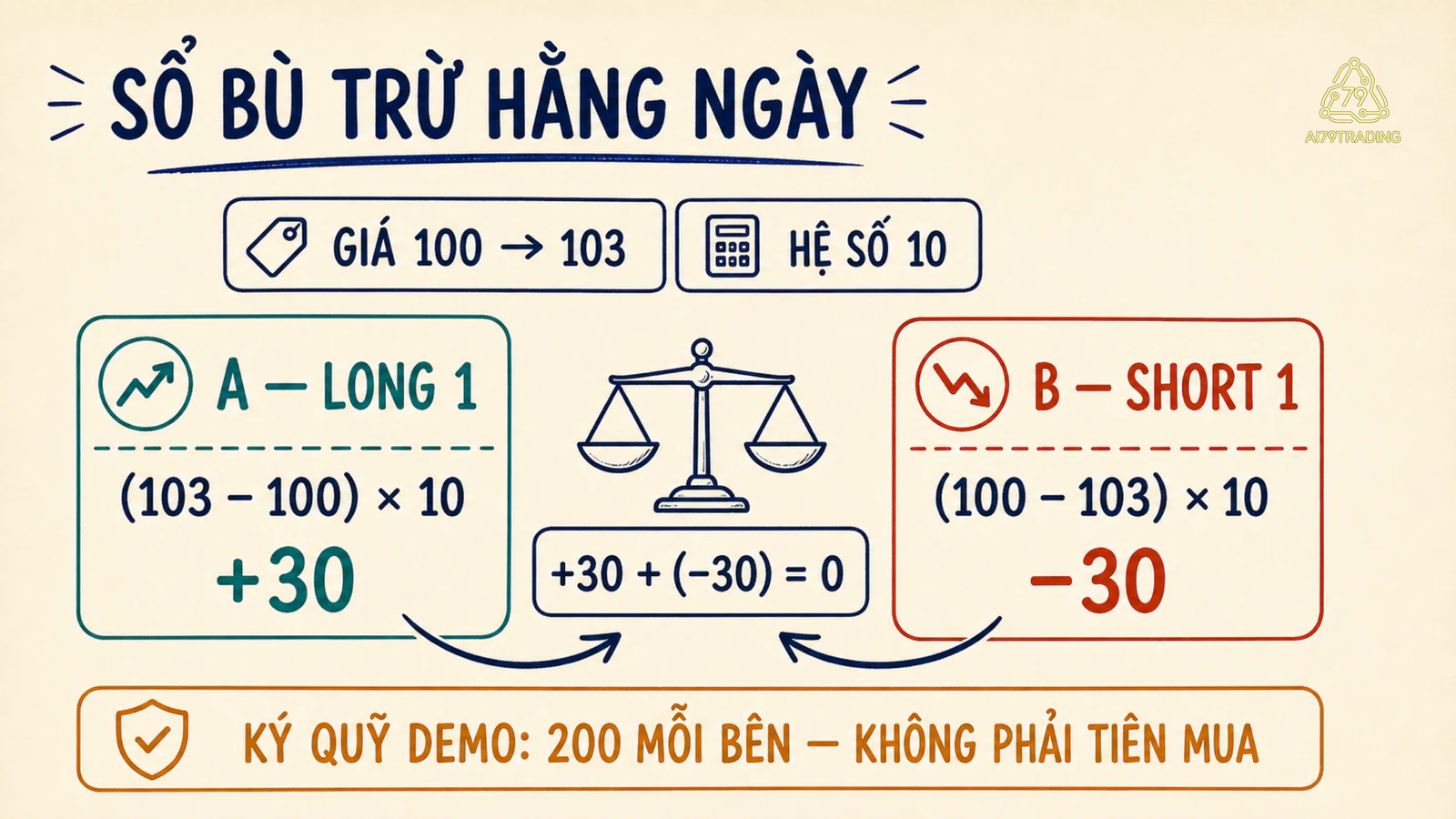 Sổ dòng tiền bù trừ hằng ngày với giá 100 lên 103