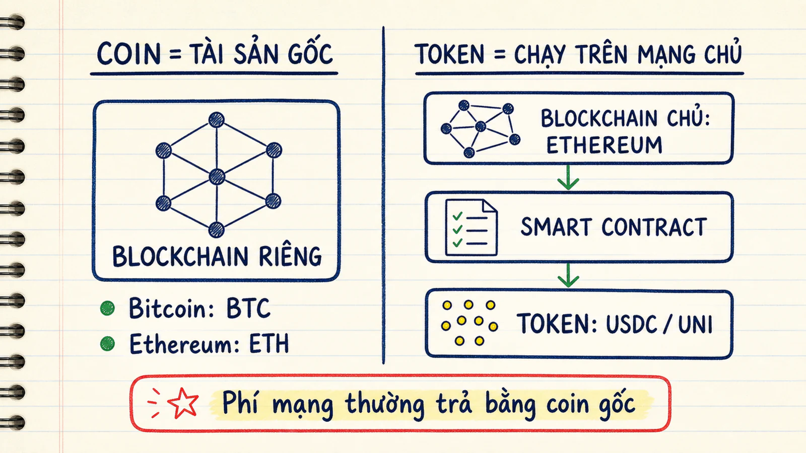 Sơ đồ hai cột phân biệt coin gốc với token chạy trên blockchain chủ