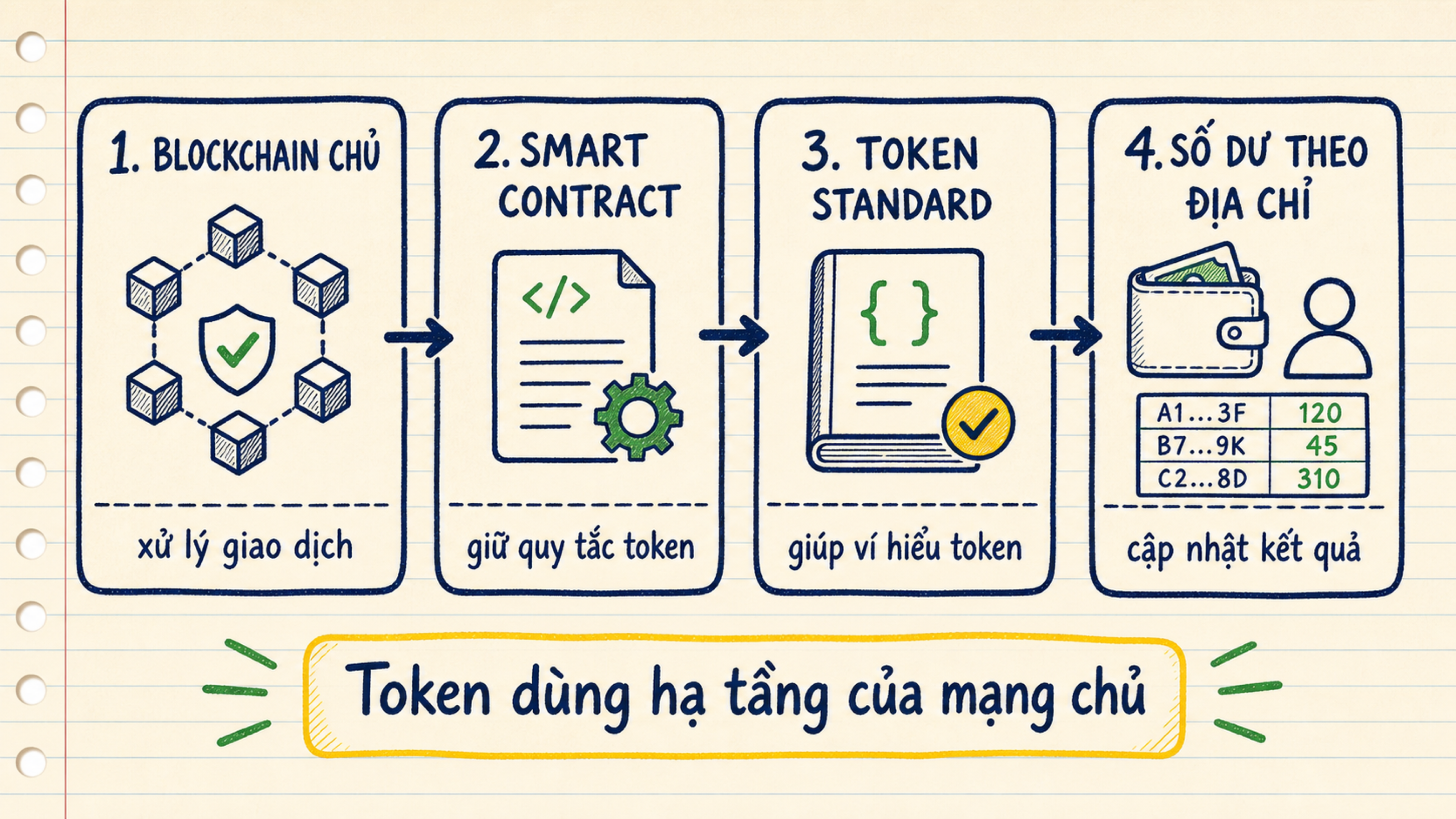 Luồng blockchain chủ chạy smart contract theo token standard để cập nhật số dư token