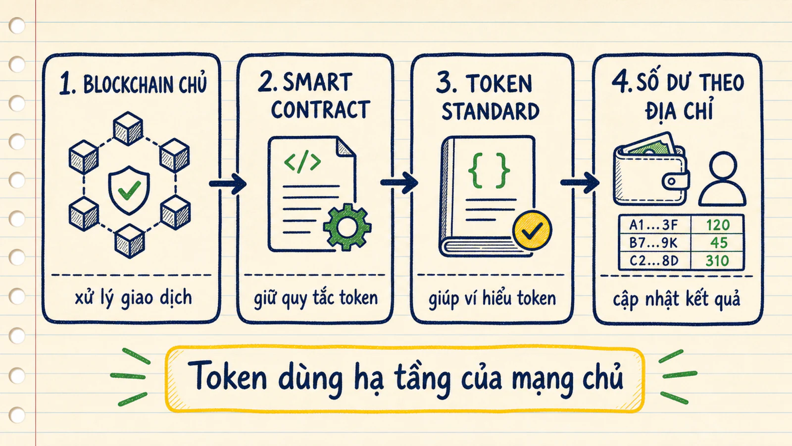 Luồng blockchain chủ chạy smart contract theo token standard để cập nhật số dư token