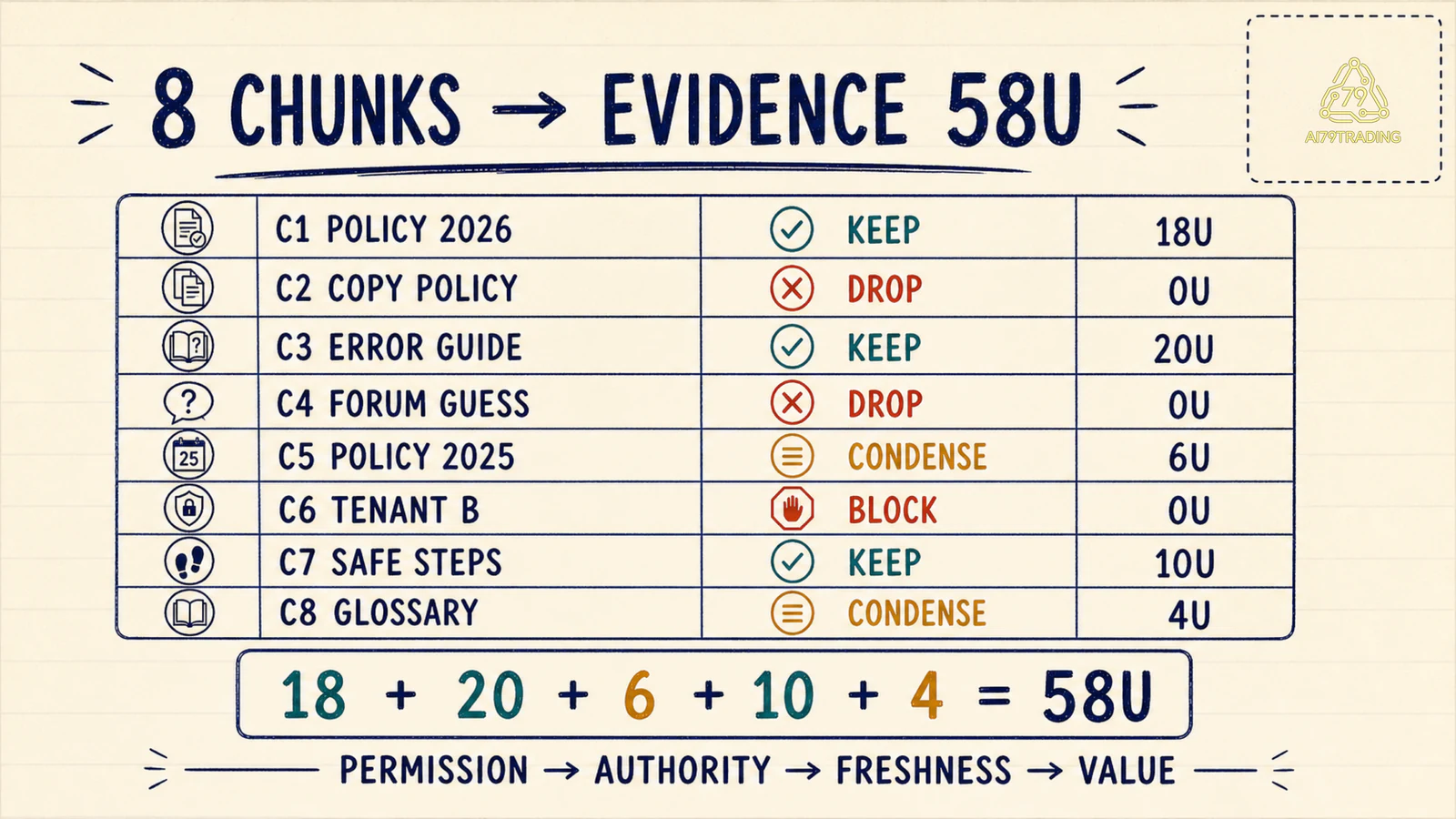 Bảng tám candidate chunks với hành động keep condense drop block và evidence budget 58U