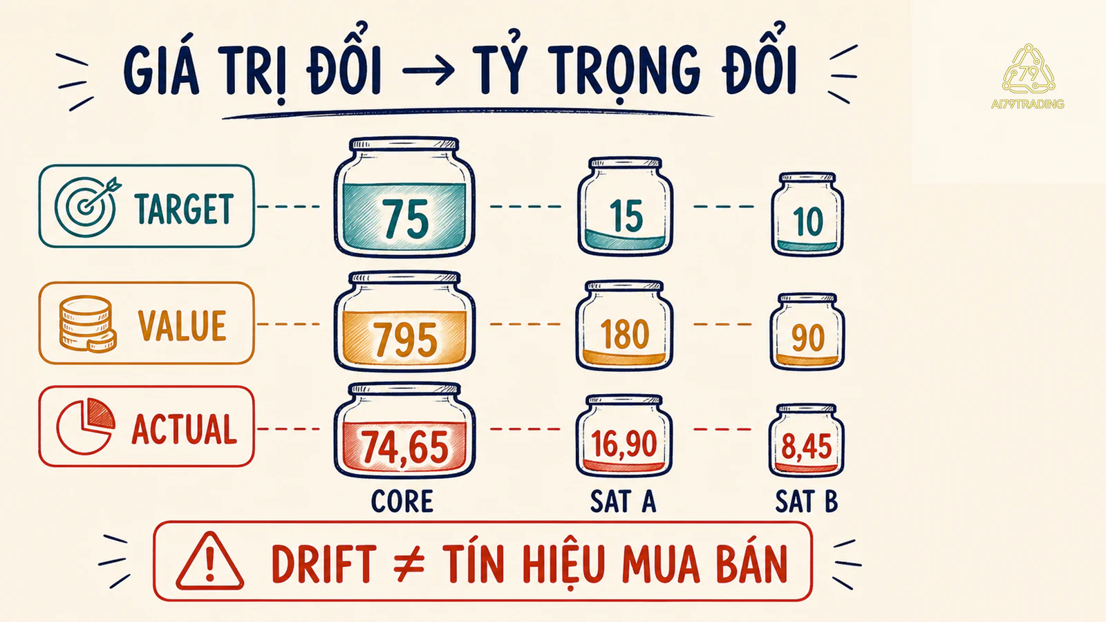 Tỷ trọng mục tiêu 75 15 10 đổi thành 74 phẩy 65 16 phẩy 90 và 8 phẩy 45