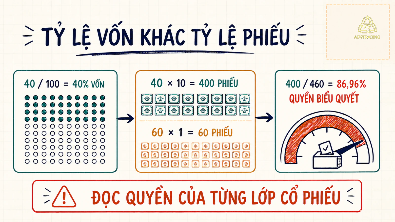 Bốn mươi phần trăm vốn đối chiếu với tám mươi sáu phẩy chín sáu phần trăm quyền biểu quyết