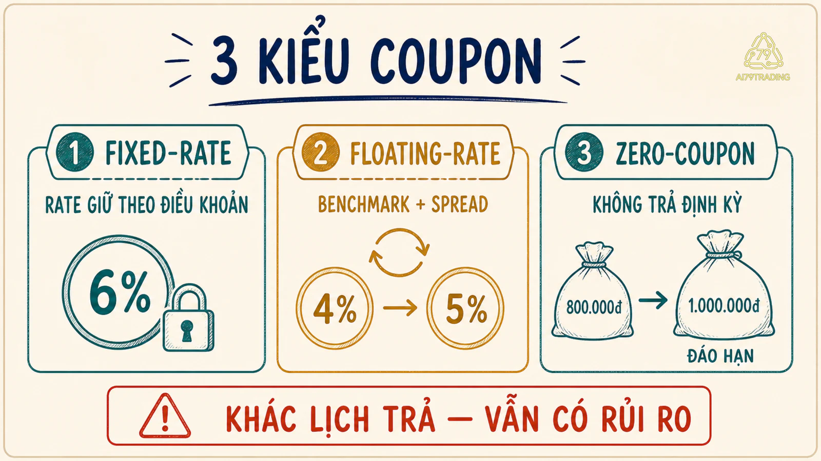 Ba cột fixed rate cố định, floating rate reset theo benchmark cộng spread và zero coupon không trả định kỳ