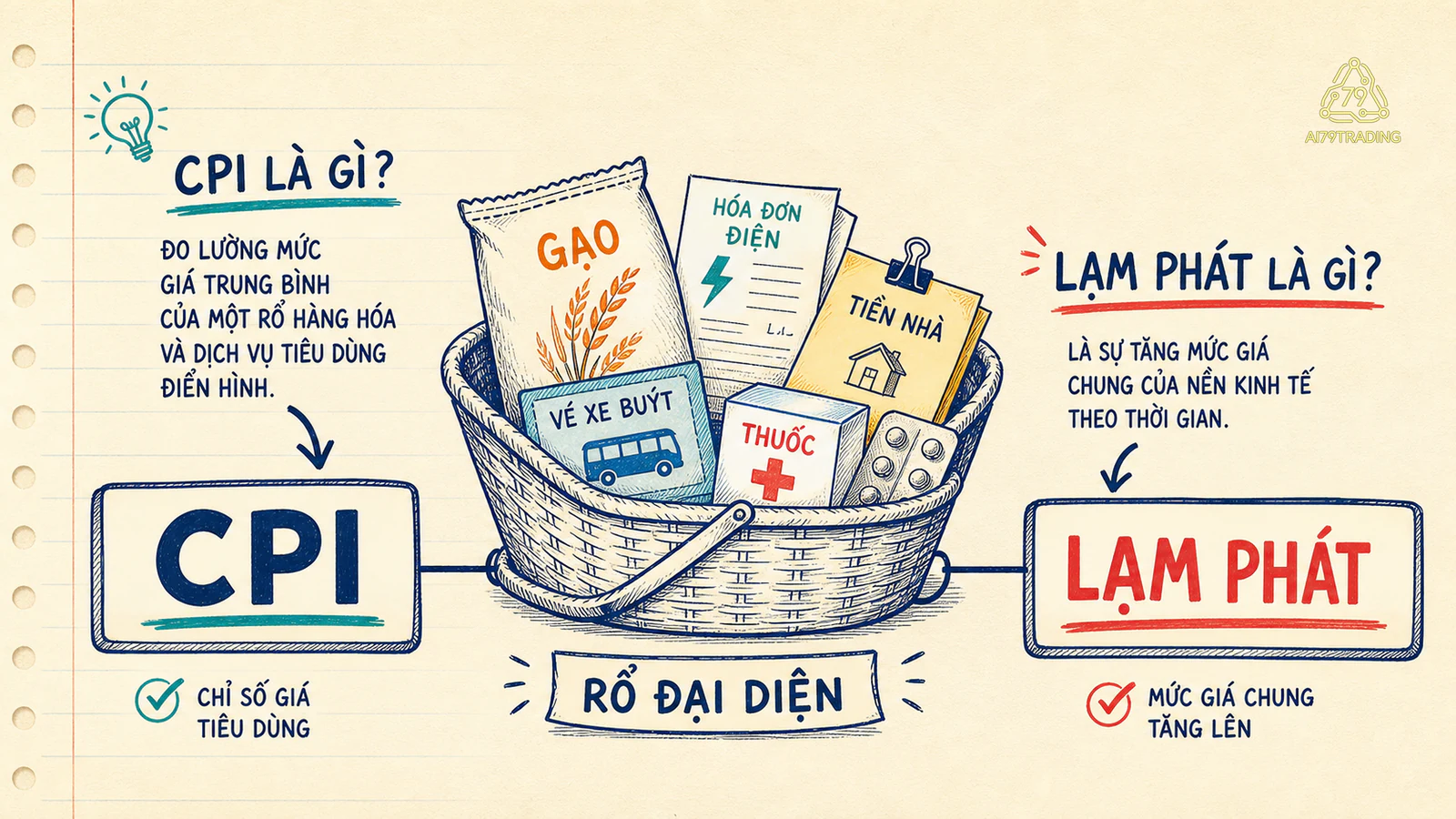 Rổ tiêu dùng trên giấy kem nối với chỉ số CPI và tỷ lệ lạm phát, minh họa giá trung bình thay đổi theo thời gian