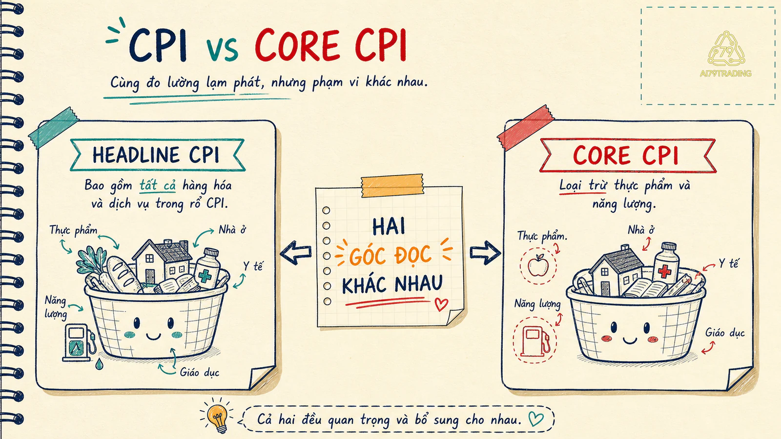 Hai rổ CPI headline và core đặt cạnh nhau, kèm trọng số và lời nhắc không rổ nào thật hơn