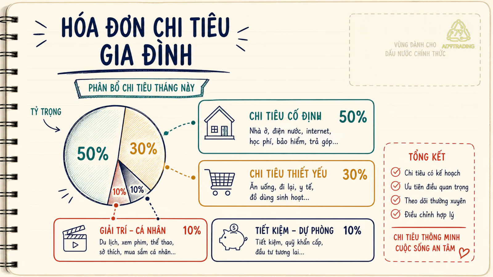 Hóa đơn có các khoản lớn nhỏ minh họa tỷ trọng chi tiêu