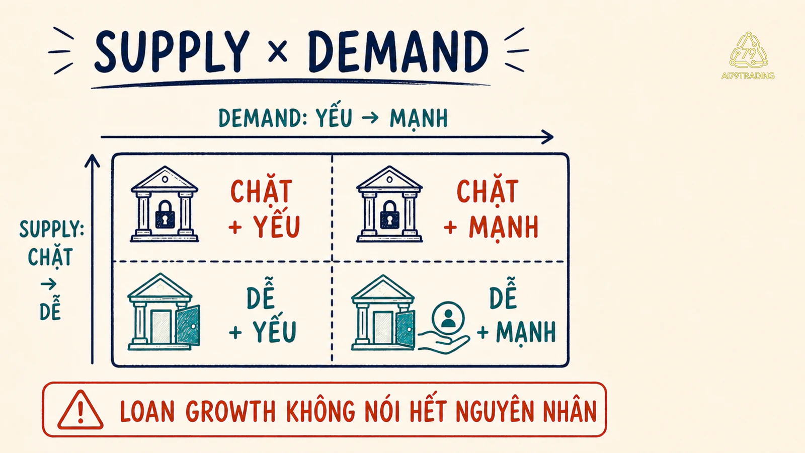 Ma trận cung tín dụng dễ hay chặt kết hợp với nhu cầu vay mạnh hay yếu