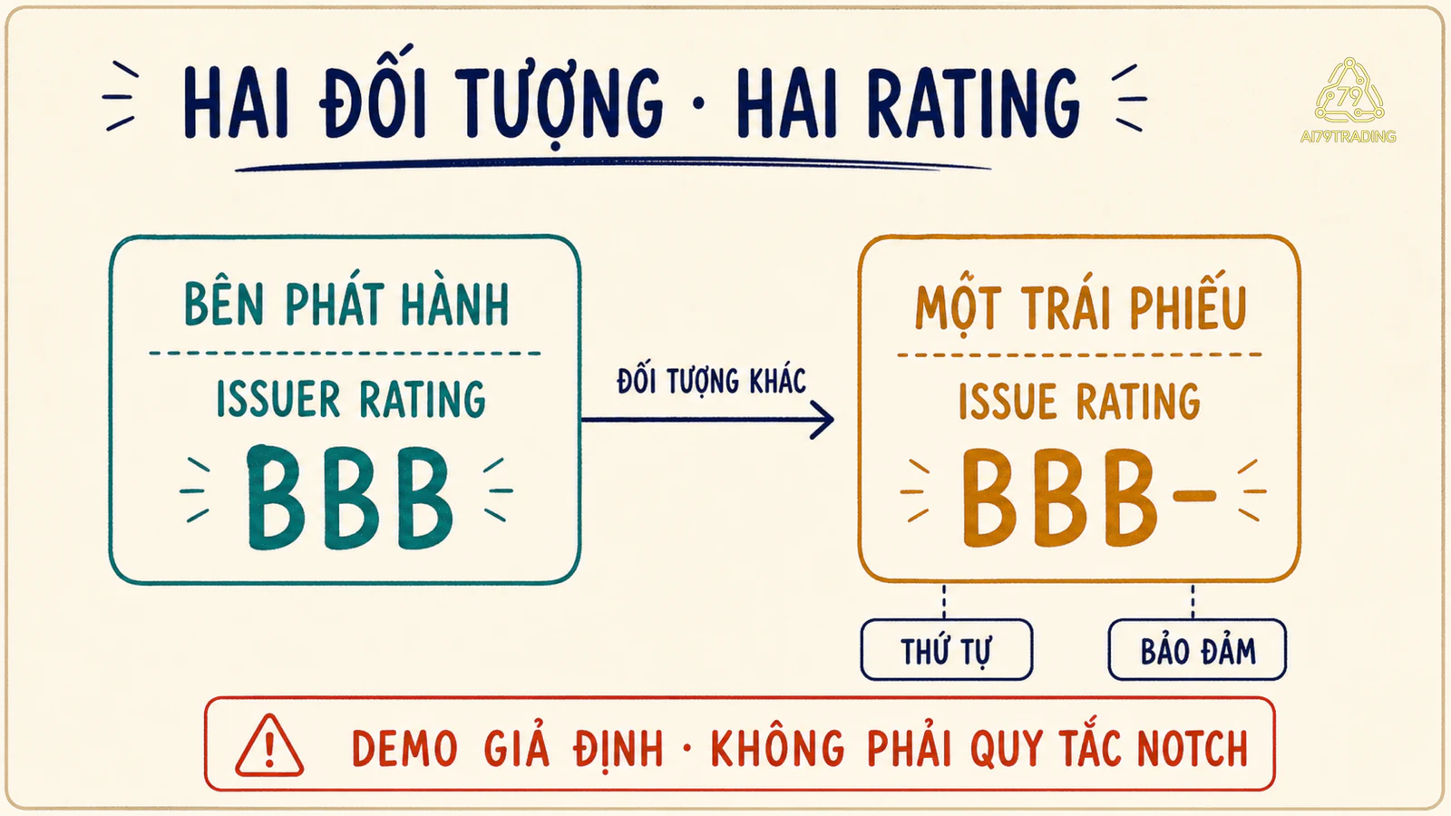 Bên phát hành có rating BBB nối tới một trái phiếu cụ thể rating BBB trừ do đối tượng đánh giá khác nhau