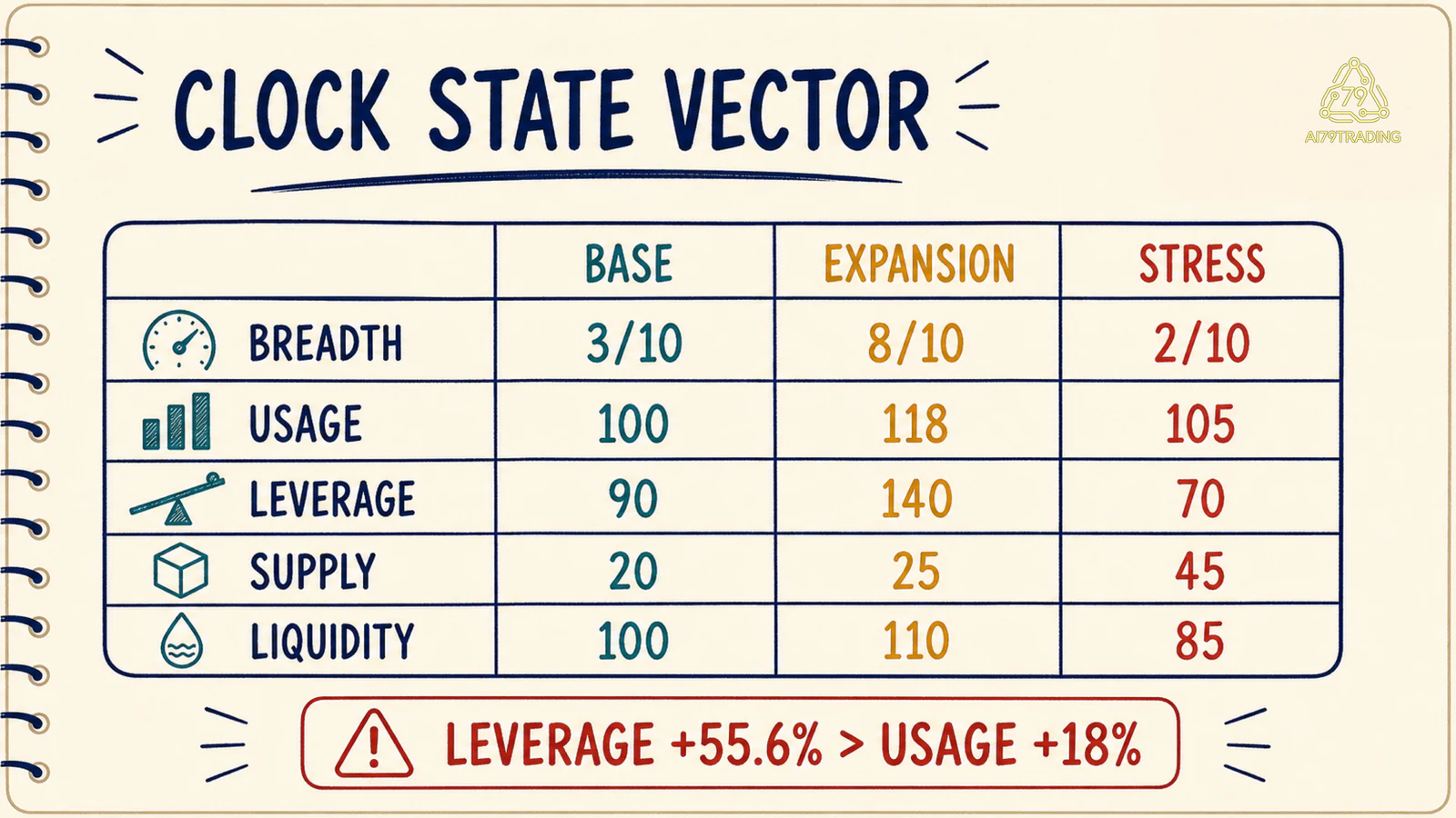 Bảng state vector CLOCK so sánh Base, Expansion, Stress và Unknown qua năm đồng hồ