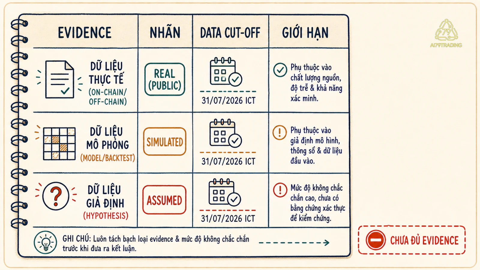 Bảng evidence ledger với ba nhãn real public, simulated, assumed và mốc data cut-off