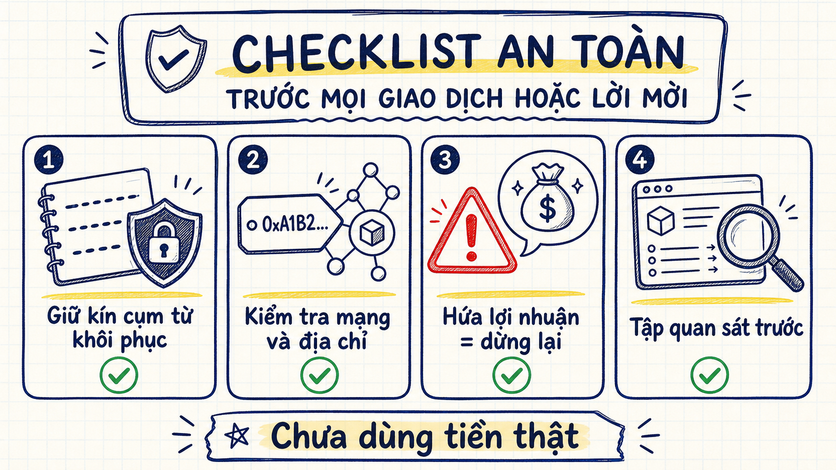 Bốn việc người mới cần kiểm tra trước giao dịch crypto gồm bảo vệ khóa, kiểm tra địa chỉ, nhận diện lời hứa lợi nhuận và tập không dùng tiền thật