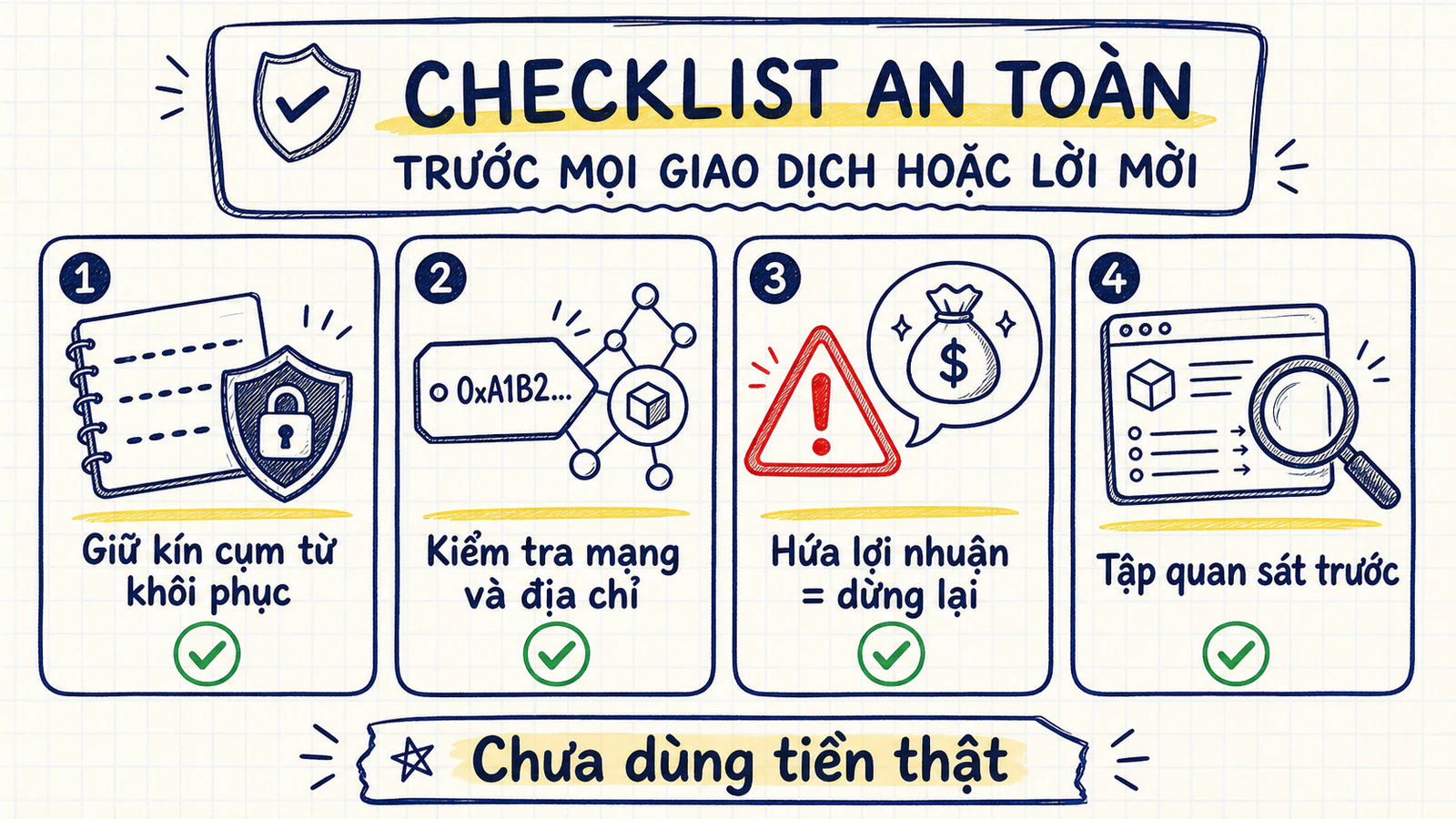 Bốn việc người mới cần kiểm tra trước giao dịch crypto gồm bảo vệ khóa, kiểm tra địa chỉ, nhận diện lời hứa lợi nhuận và tập không dùng tiền thật