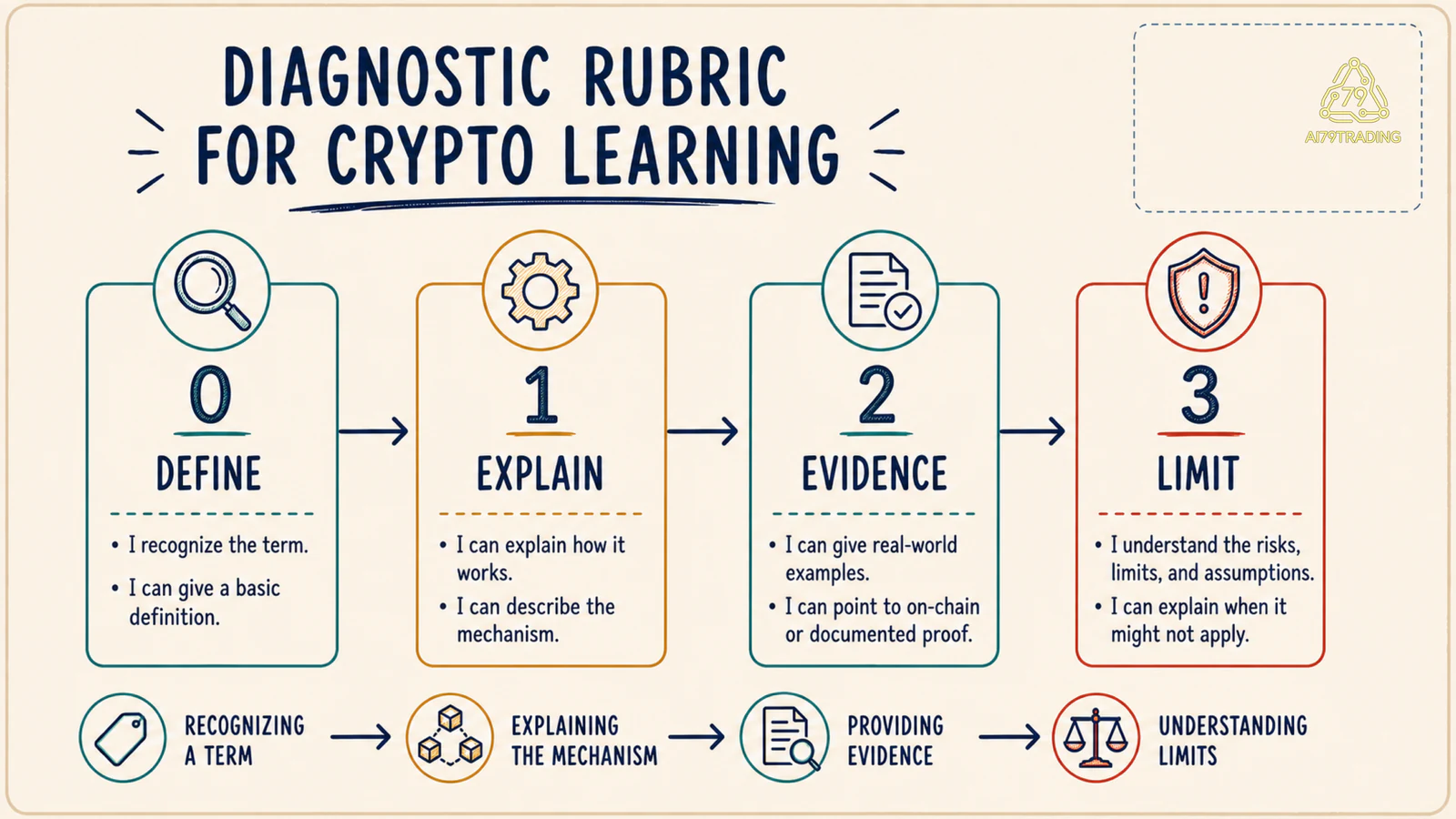 Rubric 0–3 cho năng lực giải thích evidence và giới hạn