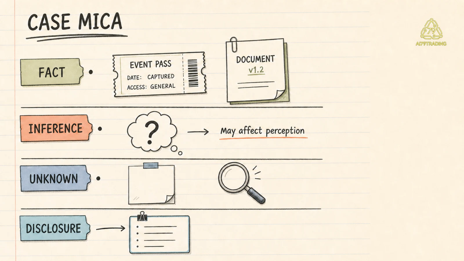 Case Mica tách fact inference unknown và disclosure trên một trang notebook