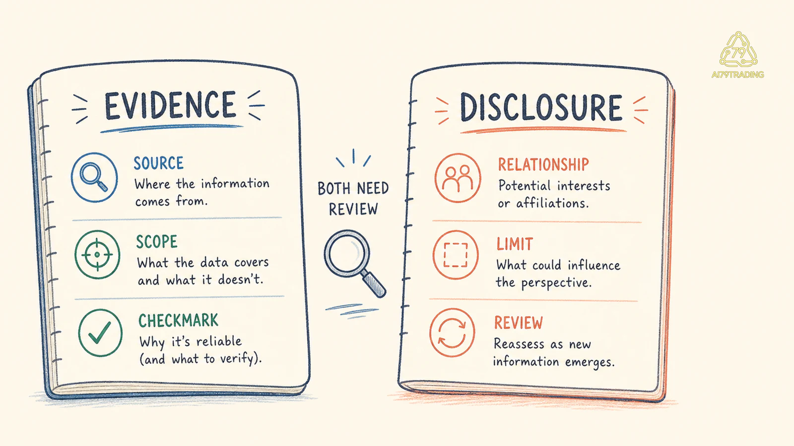 Hai trang notebook riêng cho evidence và disclosure để nhấn mạnh disclosure không phải lá chắn