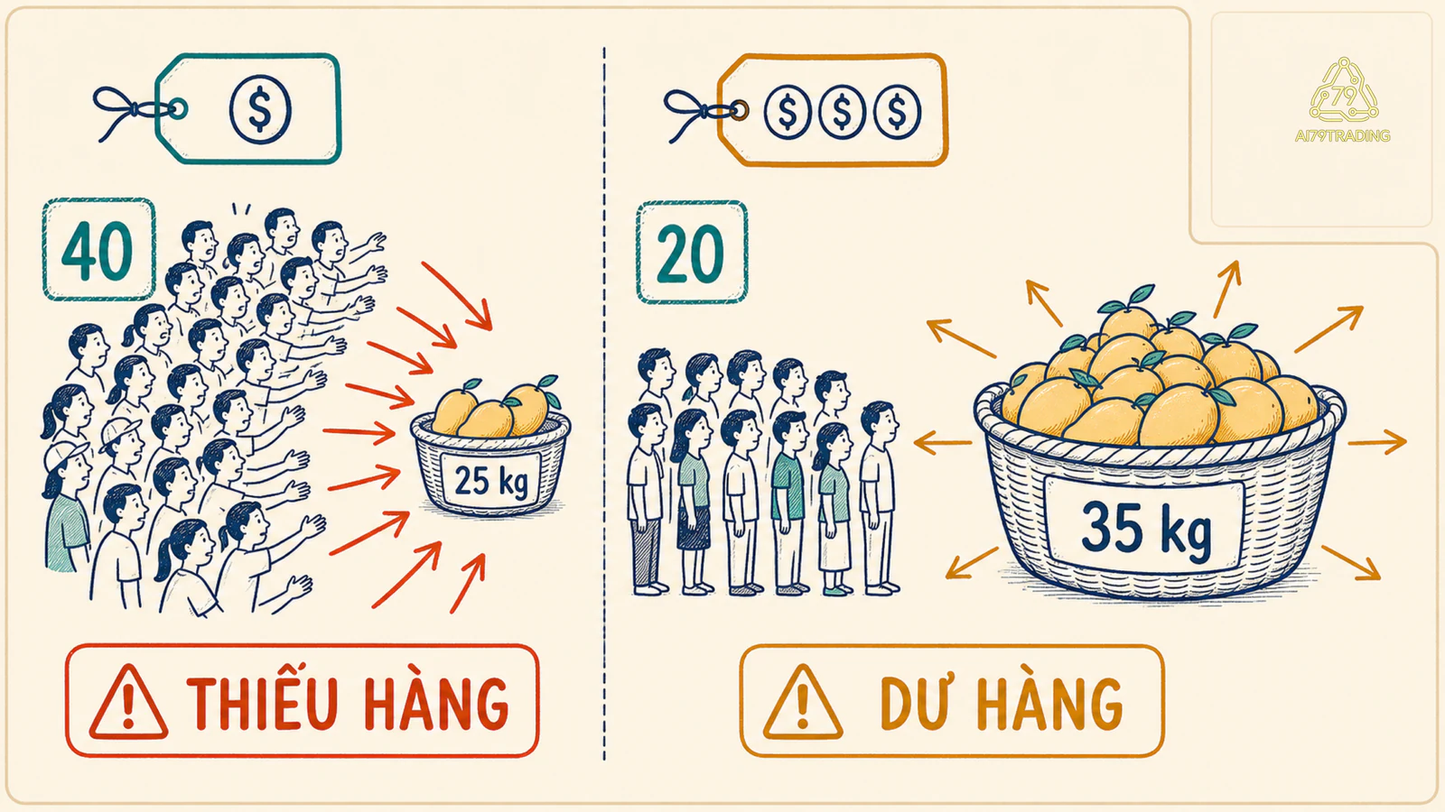 Hai ô so sánh thiếu hụt ở giá thấp và dư thừa ở giá cao bằng số kg xoài