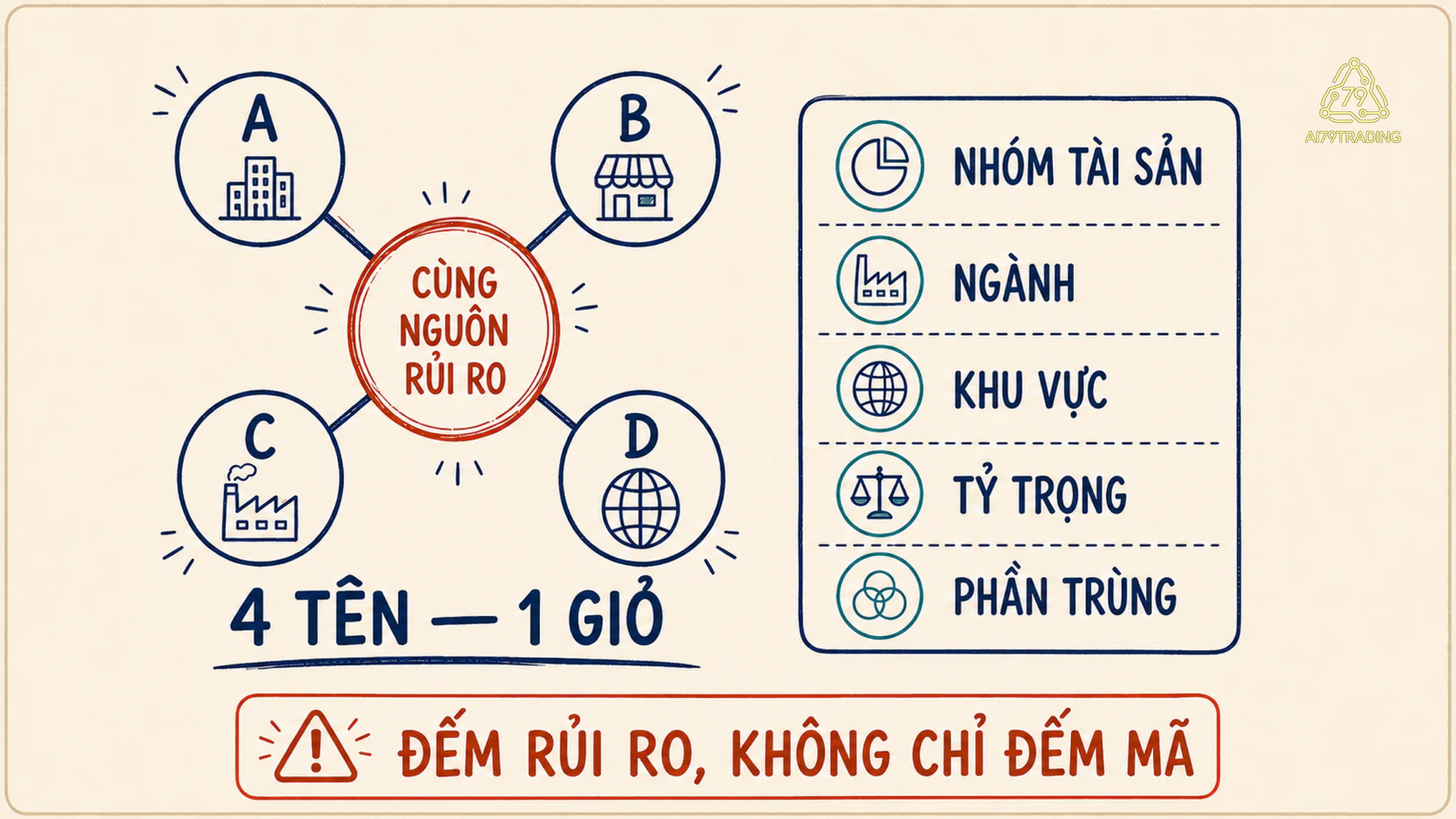 Bốn khoản đầu tư khác tên cùng nối vào một nguồn rủi ro, đối chiếu với cách kiểm tra theo nhóm tài sản, ngành và khu vực